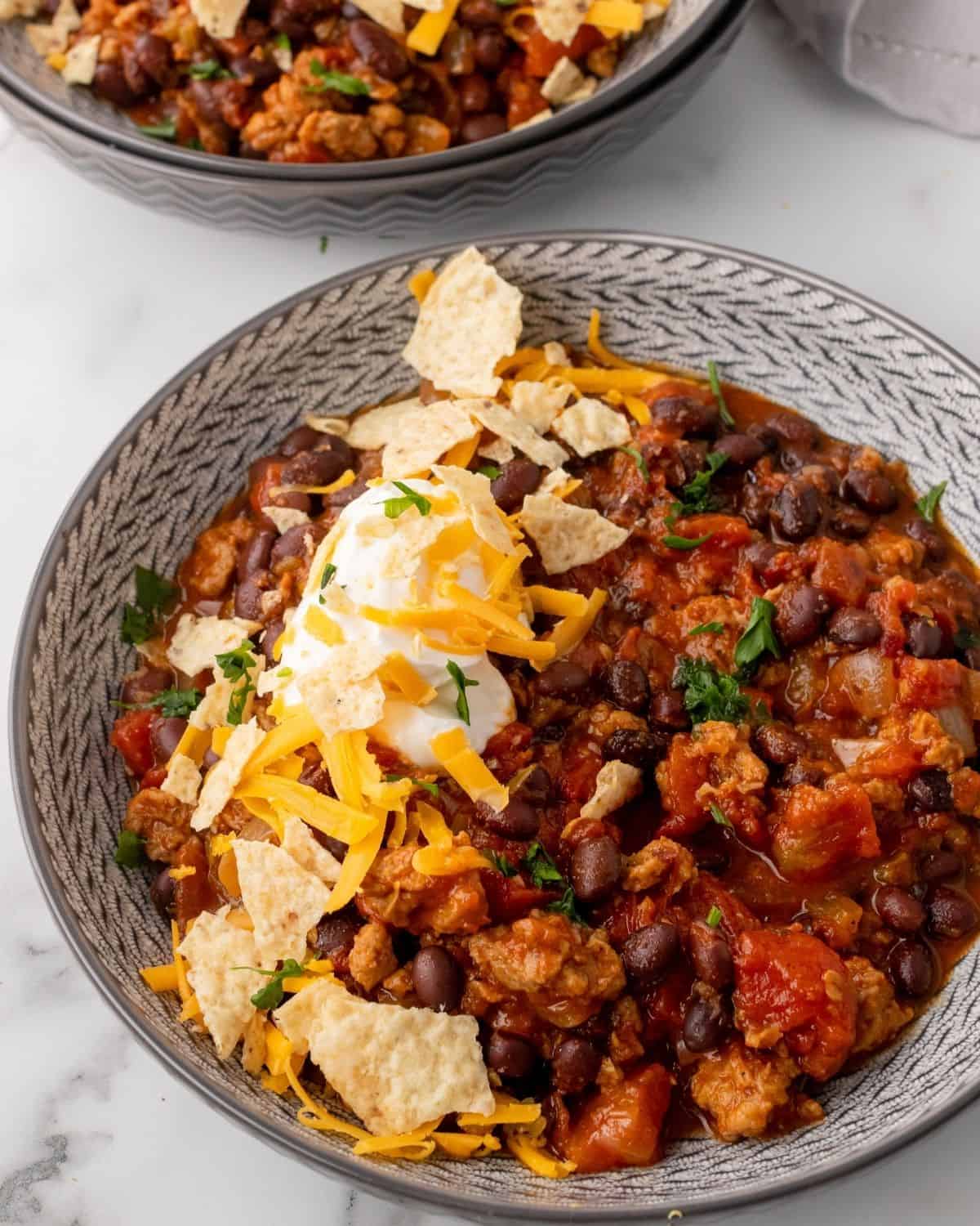 close-up picture of vegetarian chili recipe in a bowl