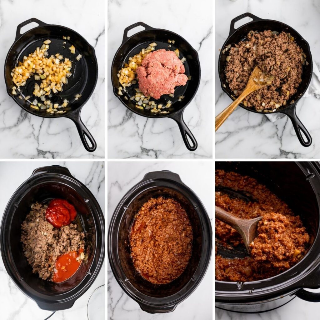 another collage showing step by step how to make the slow cooker sloppy joes.