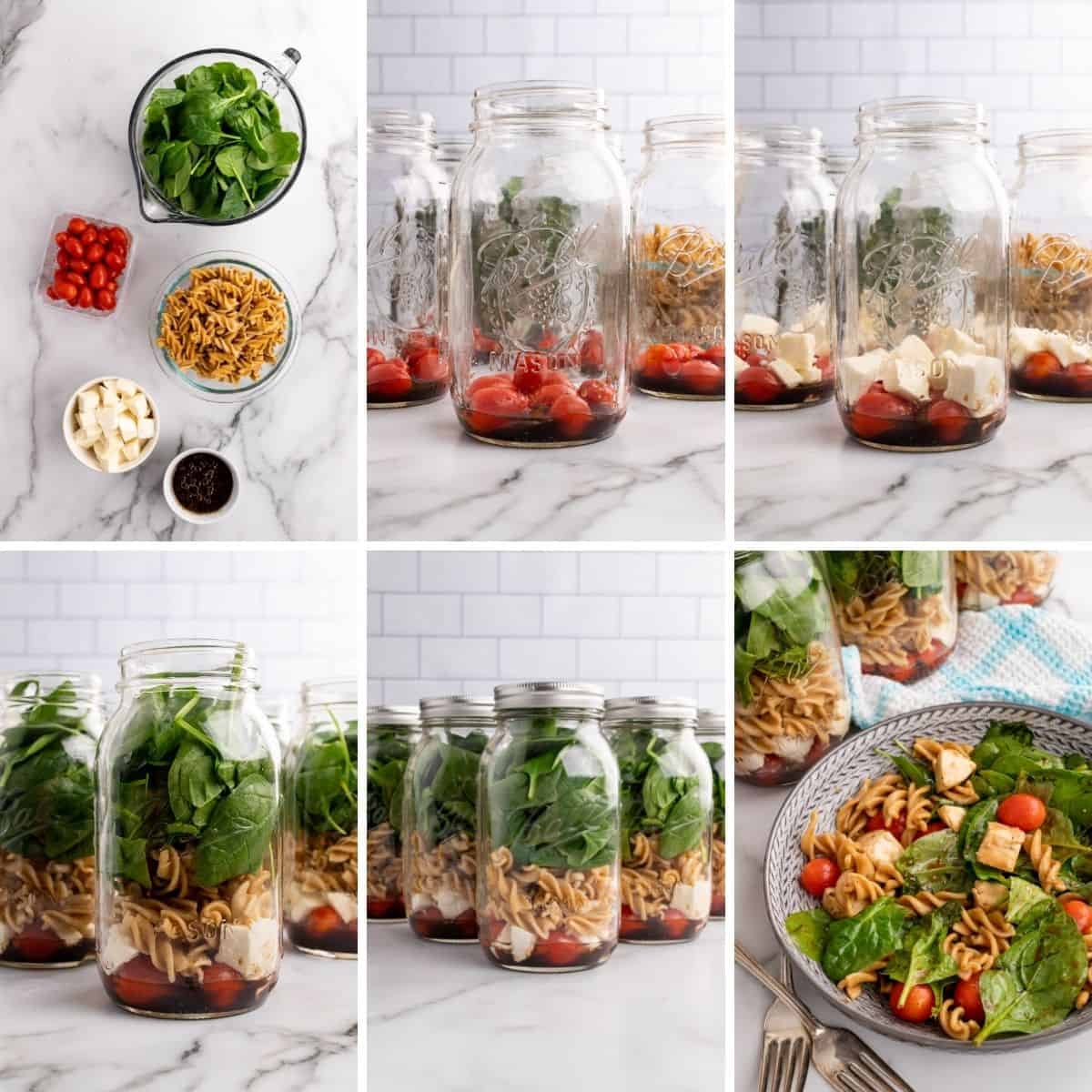 step by step collage showing how to make spinach salad with pasta and tomatoes.