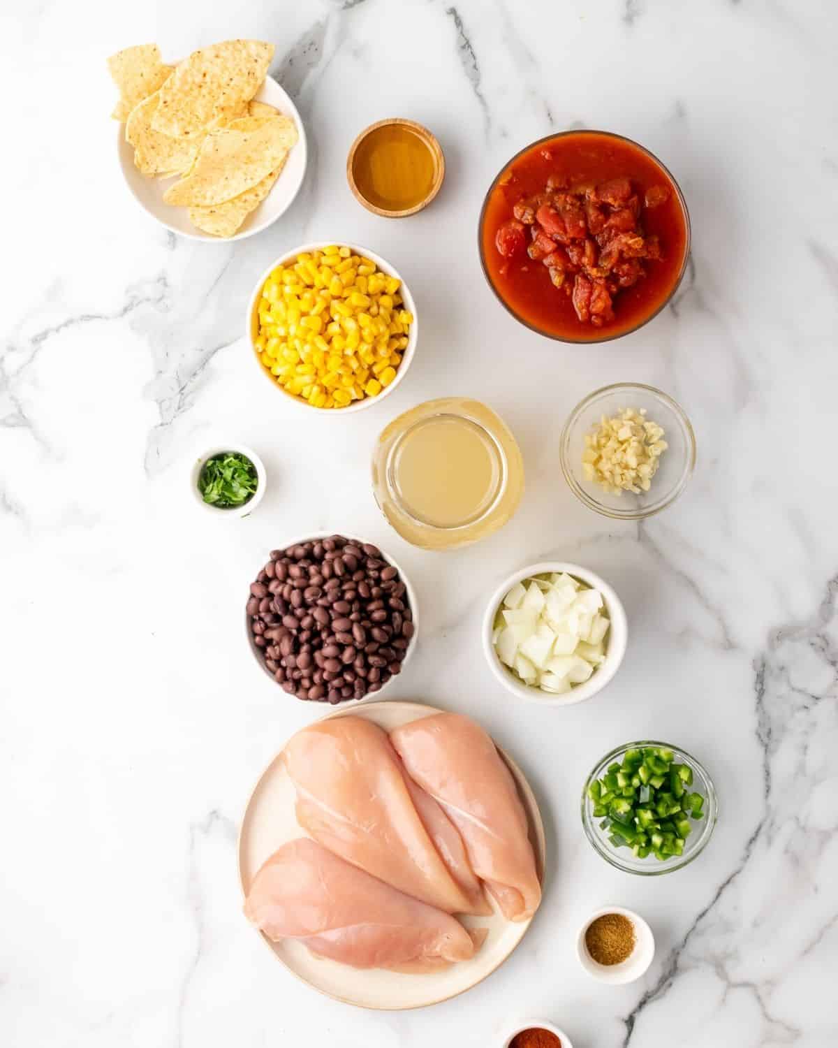 Ingredients to make easy chicken tortilla soup.