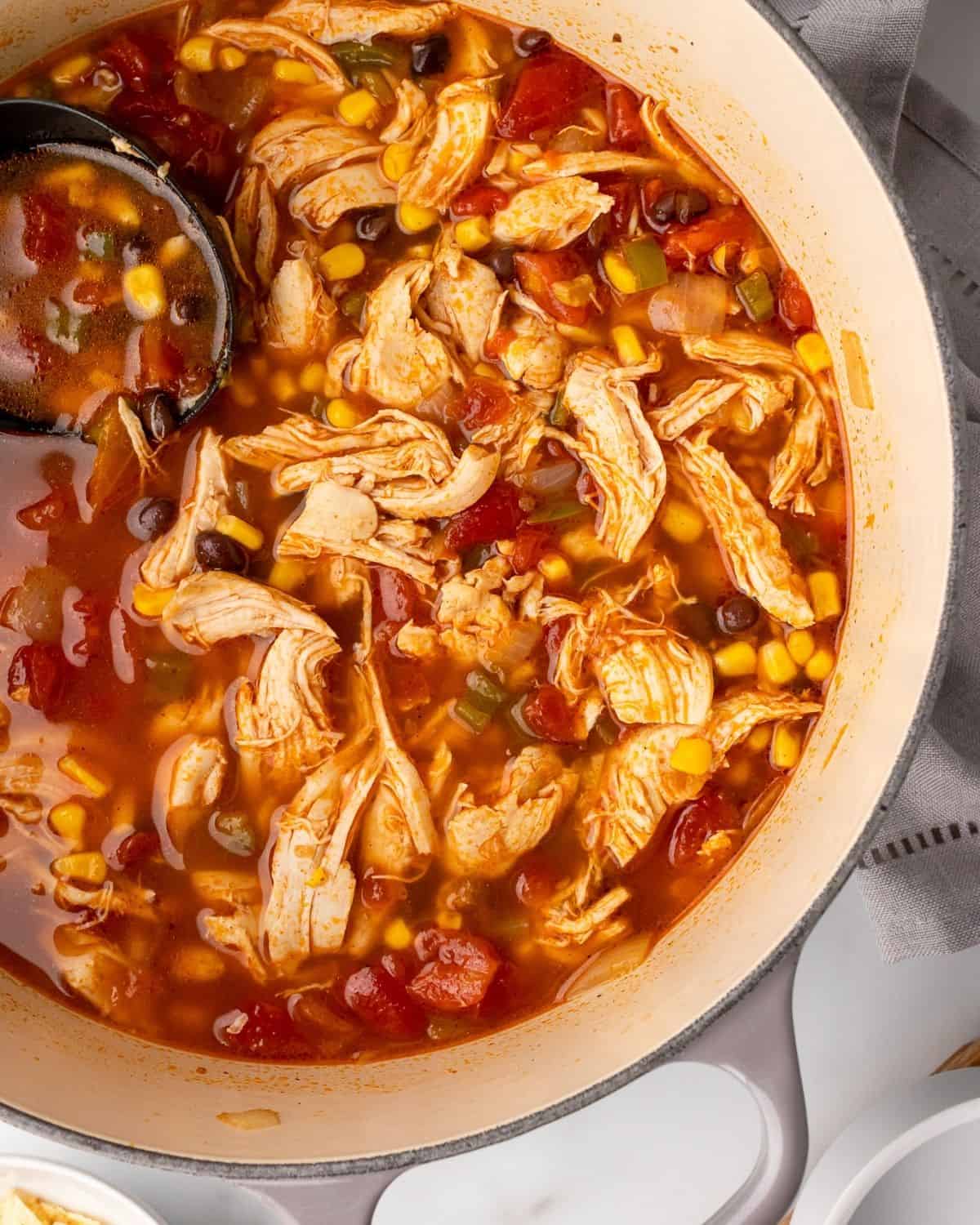 overhead-picture-of-chicken-tortilla-soup-in-large-soup-pot