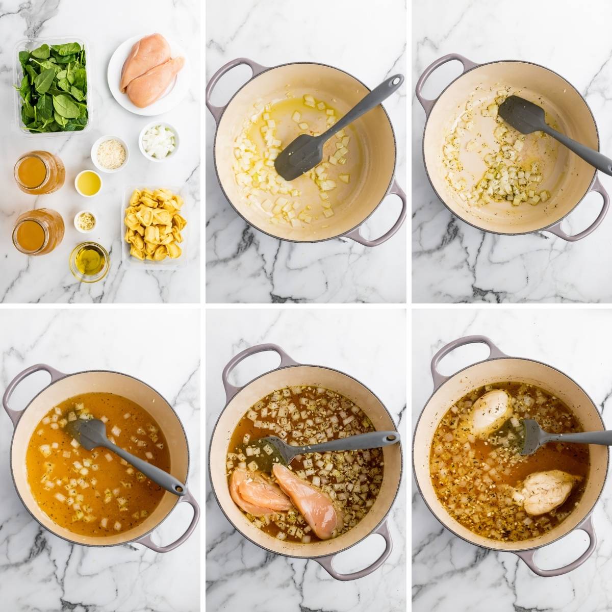 step by step collage showing how to make chicken tortellini soup with spinach