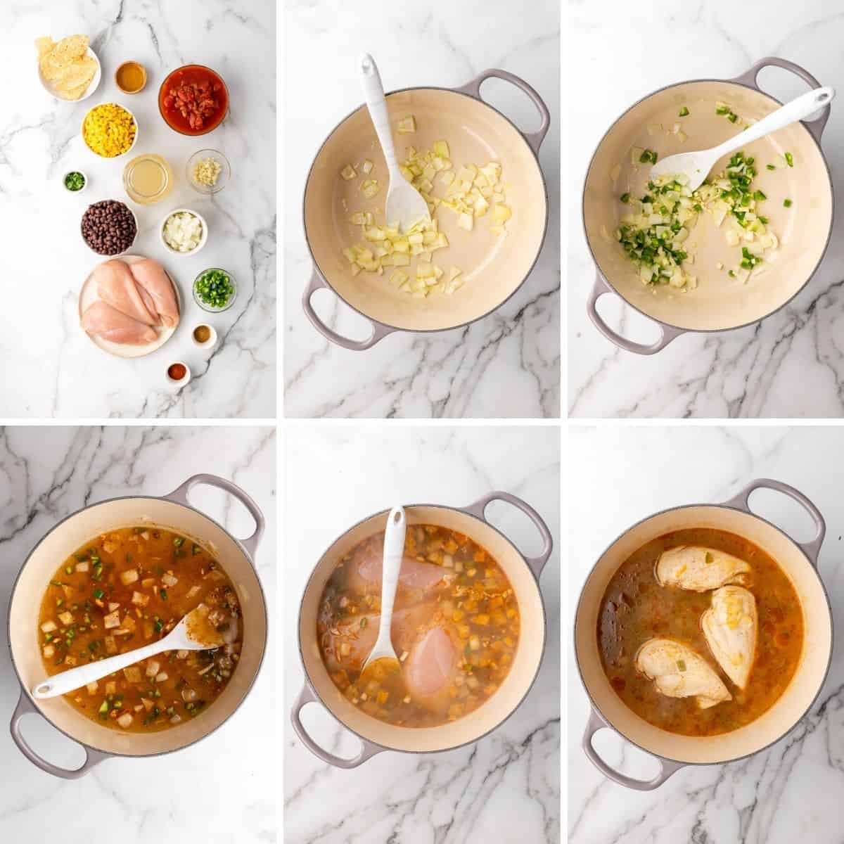 step by step collage showing how to make chicken tortilla soup