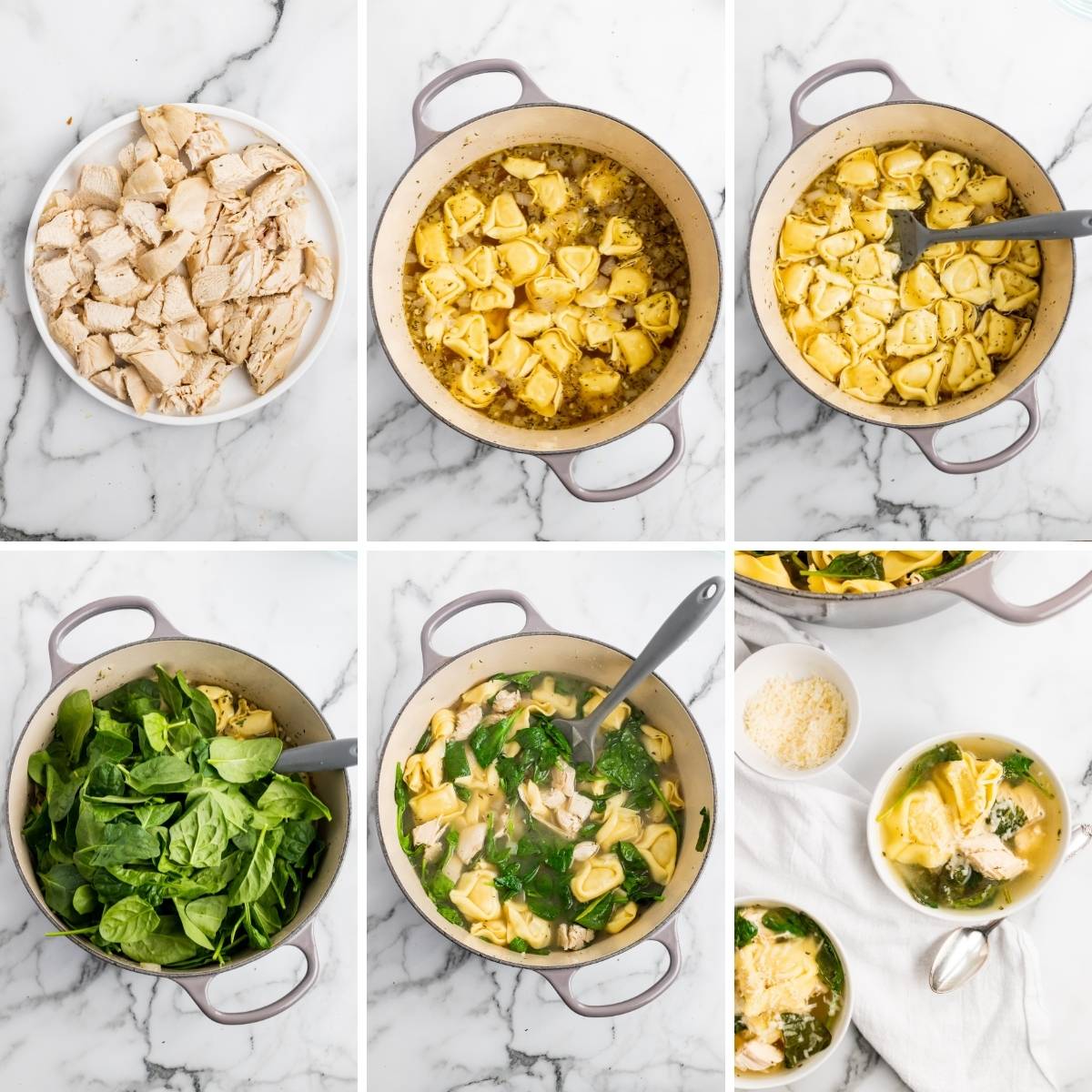 another step by step collage showing how to make chicken tortellini soup