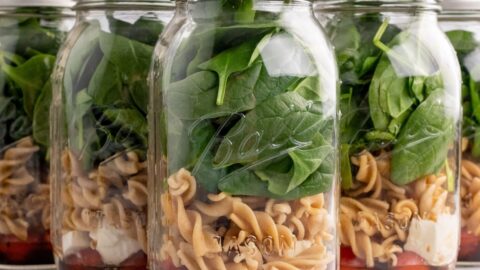 spinach pasta salad in a jar