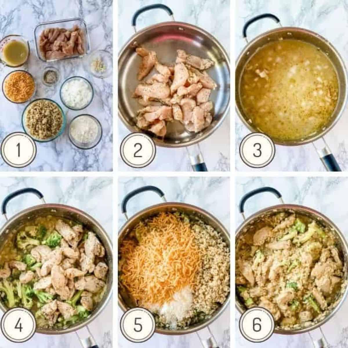 step by step collage showing how to make chicken and rice in a pot.