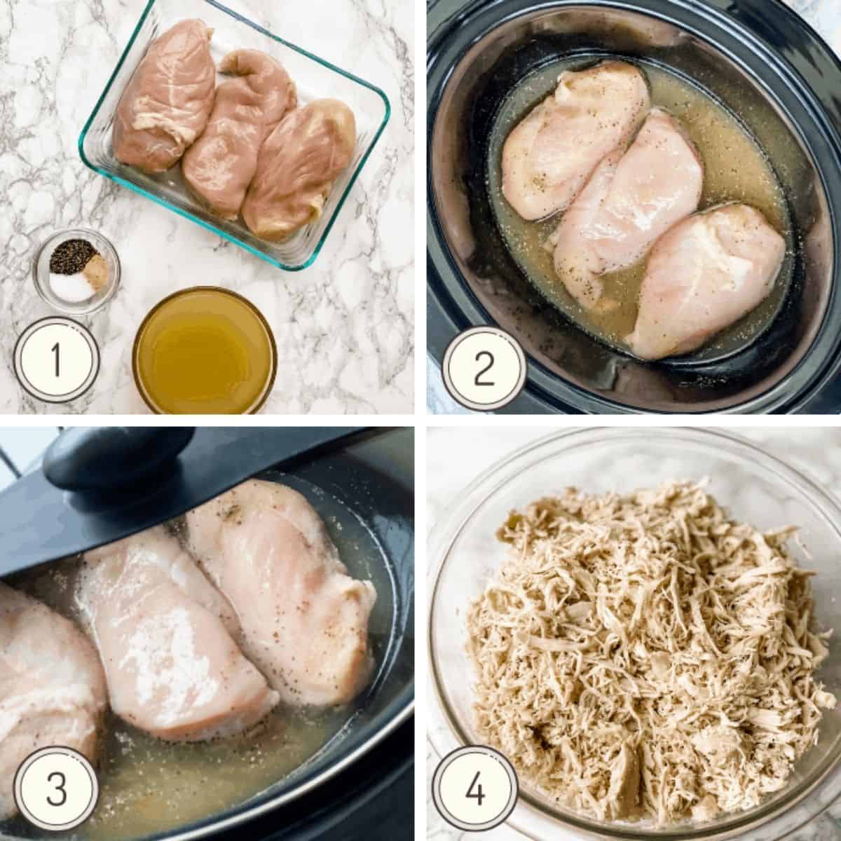 step by step collage showing how to make slow cooker shredded chicken.