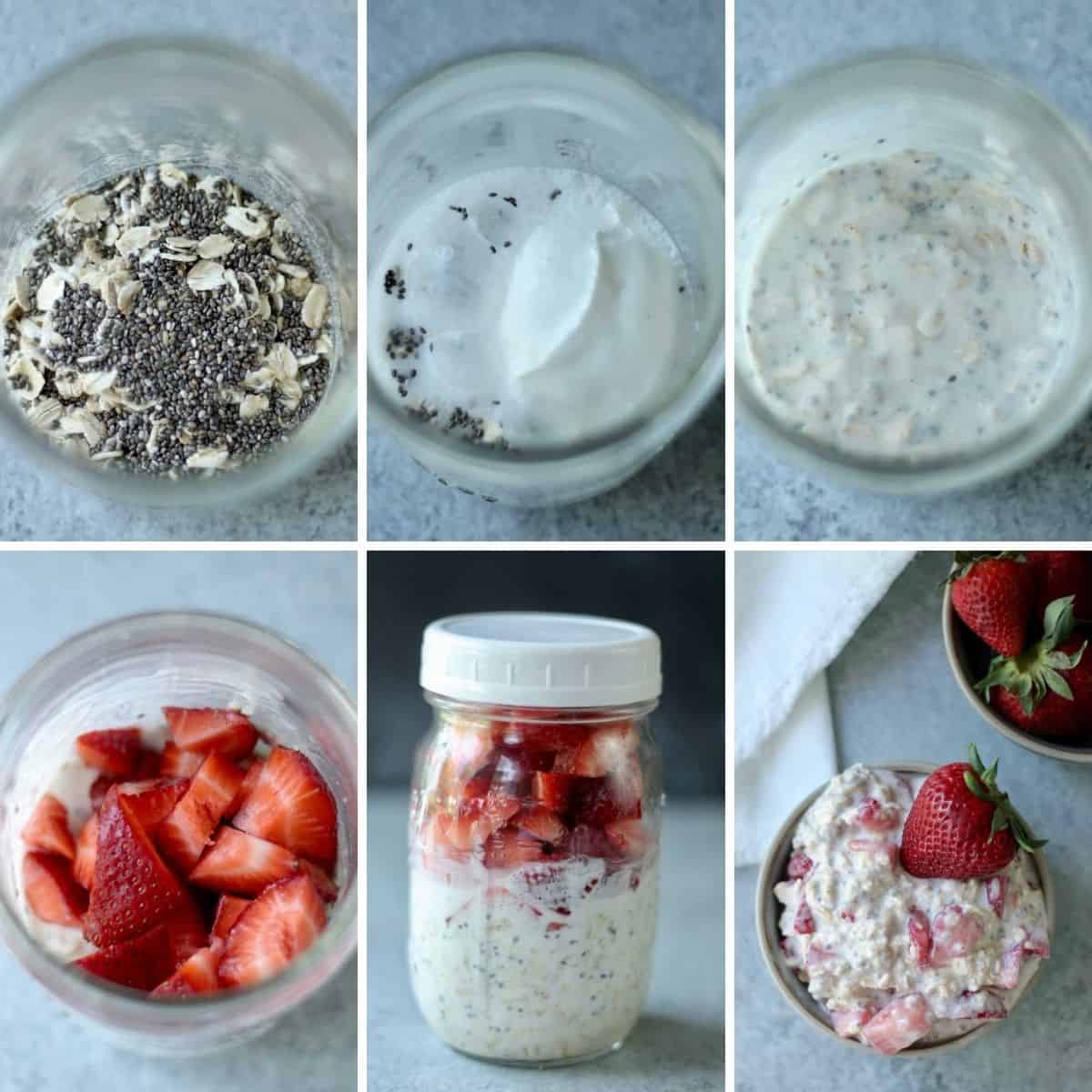 step by step collage showing how to make strawberry cheesecake overnight oats.