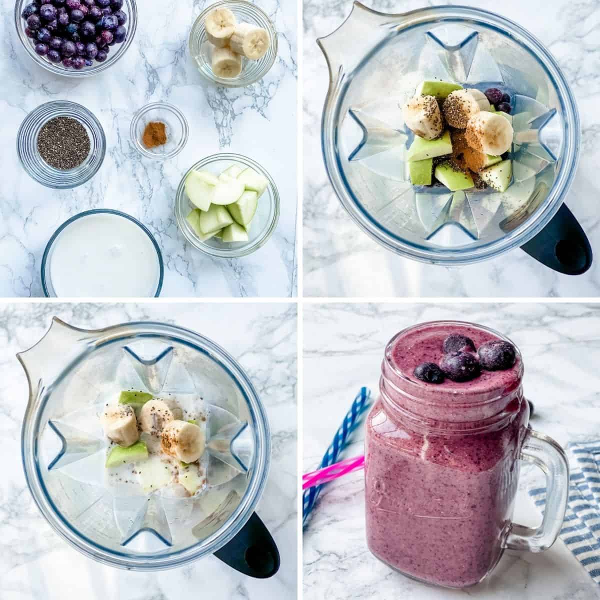 step by step collage showing how to make a blueberry smoothie.