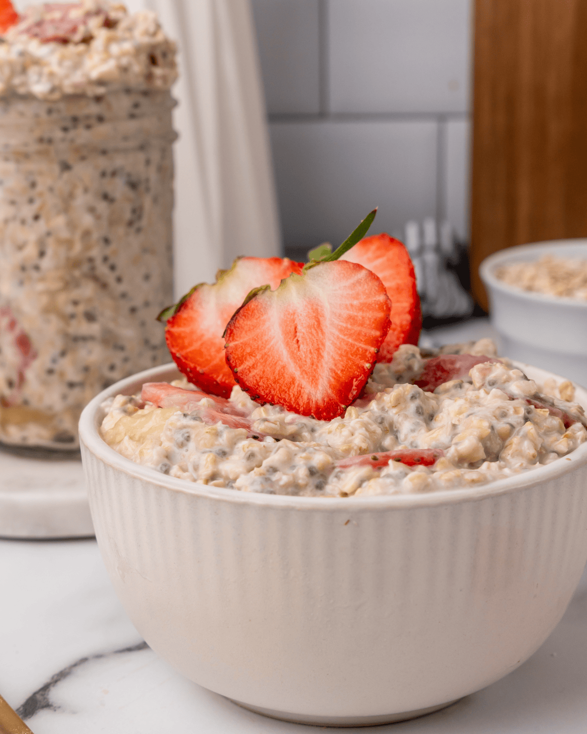 close-up of overnight oats with strawberries.