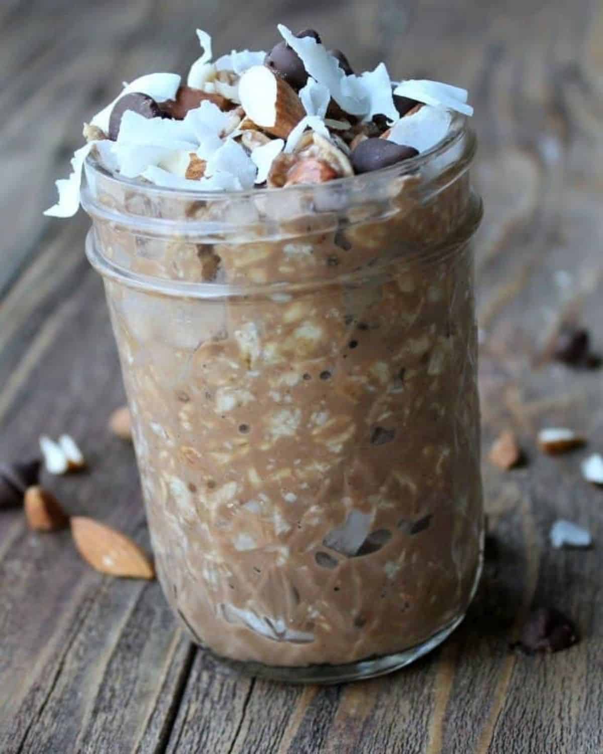 a jar of almond joy overnight oats