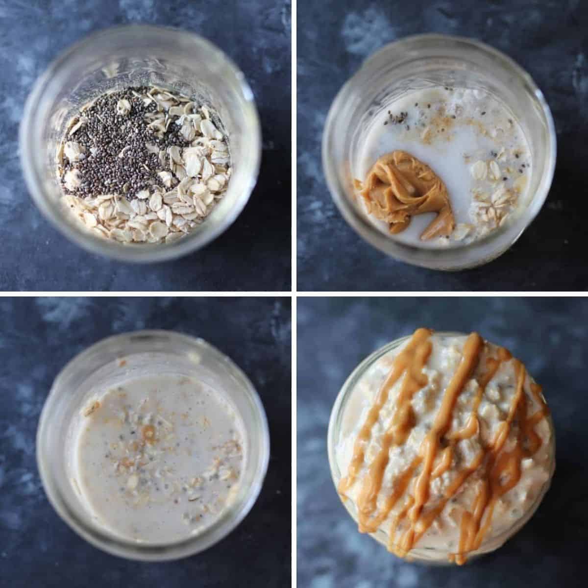 collage showing how to make peanut butter overnight oats.