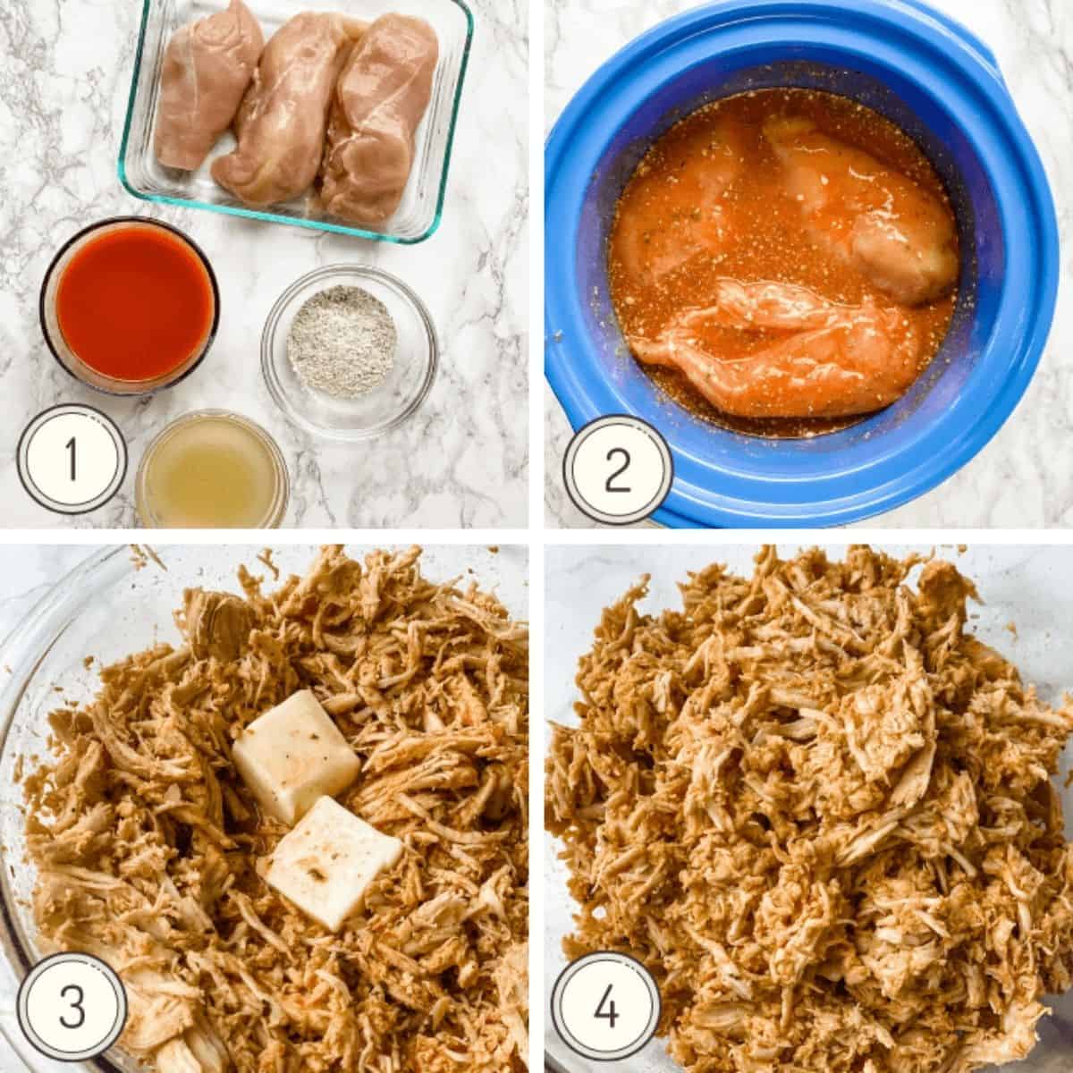 step by step collage showing how to make crockpot buffalo chicken