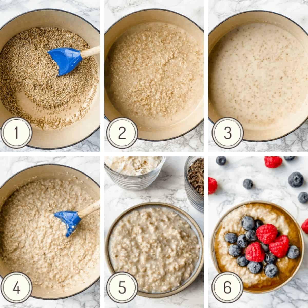 steel cut oats collage showing step by step how to make.