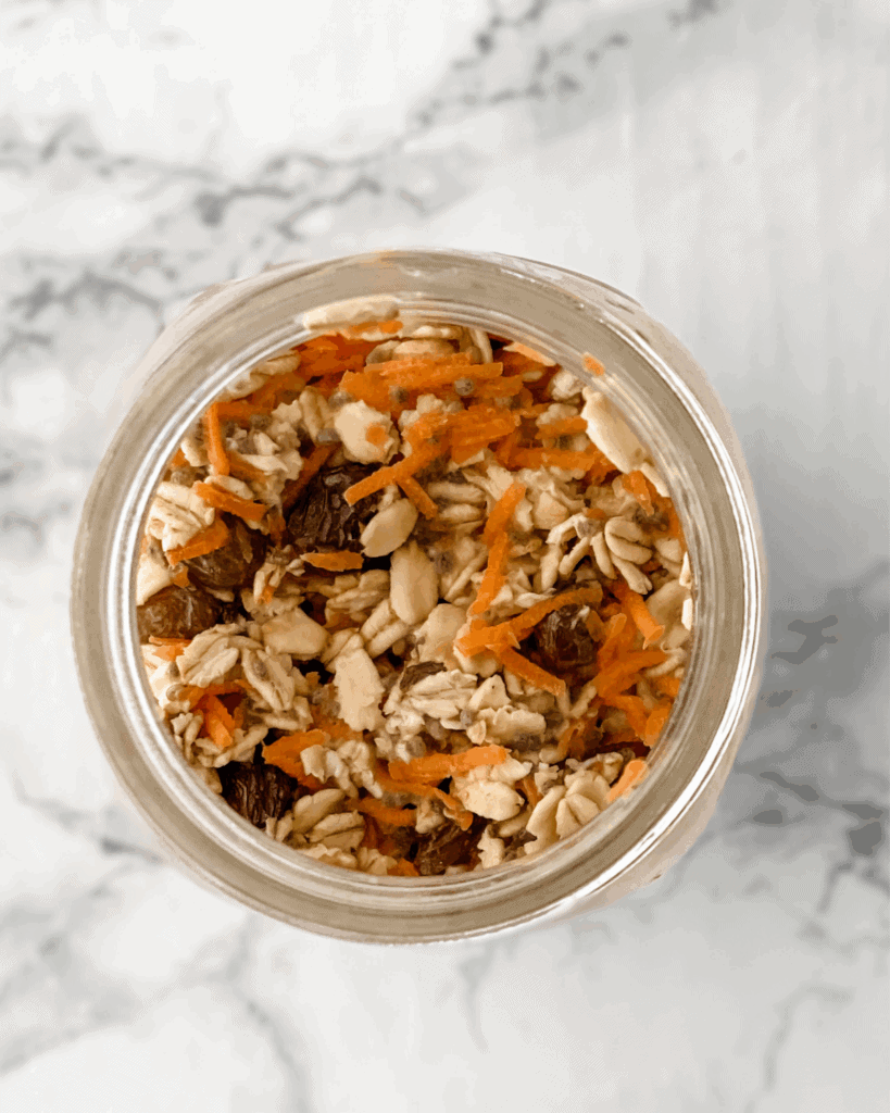 overhead view of the caro cake overnight oats after soaking in milk overnight.