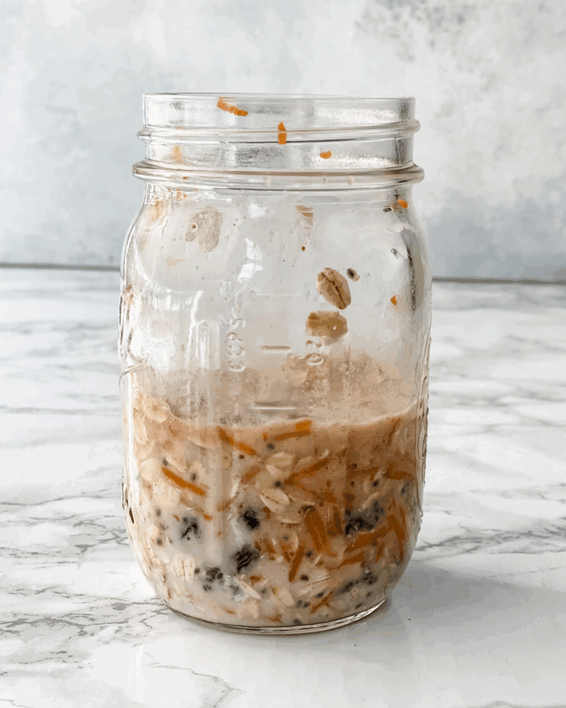 All of the carrot cake overnight oats ingredients in a glass mason jar.