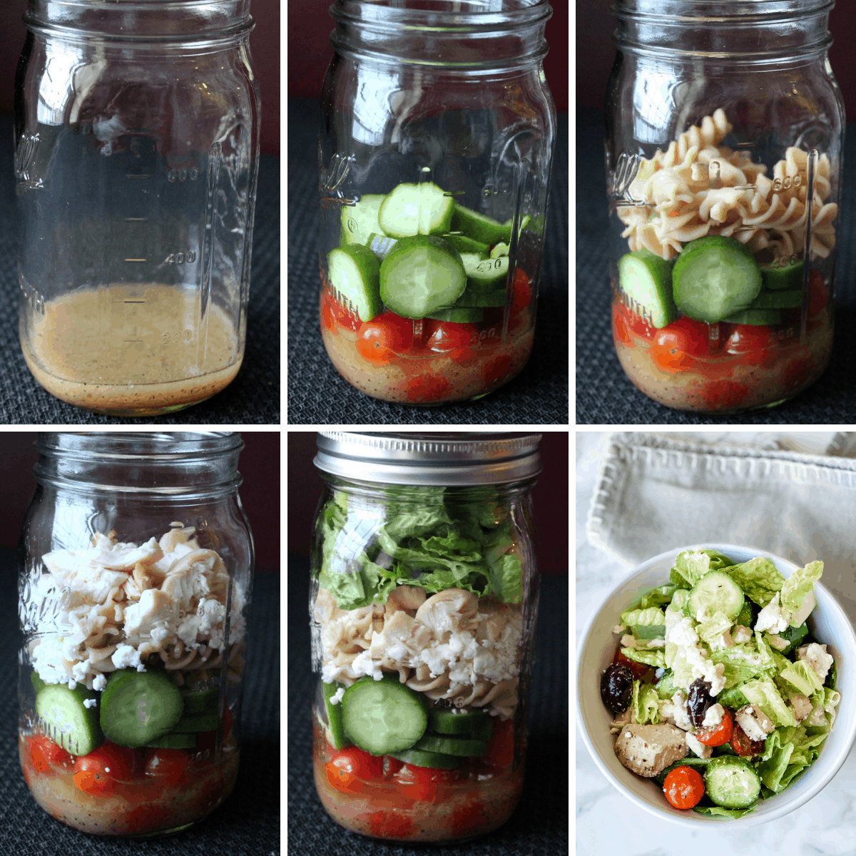 step by step collage showing how to layer a salad in.a jar.