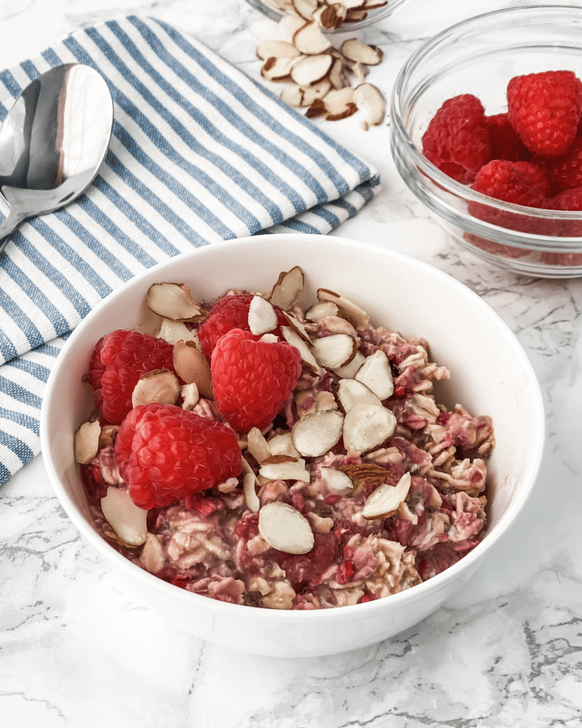 close-up picture of overnight oats in a white bowl.