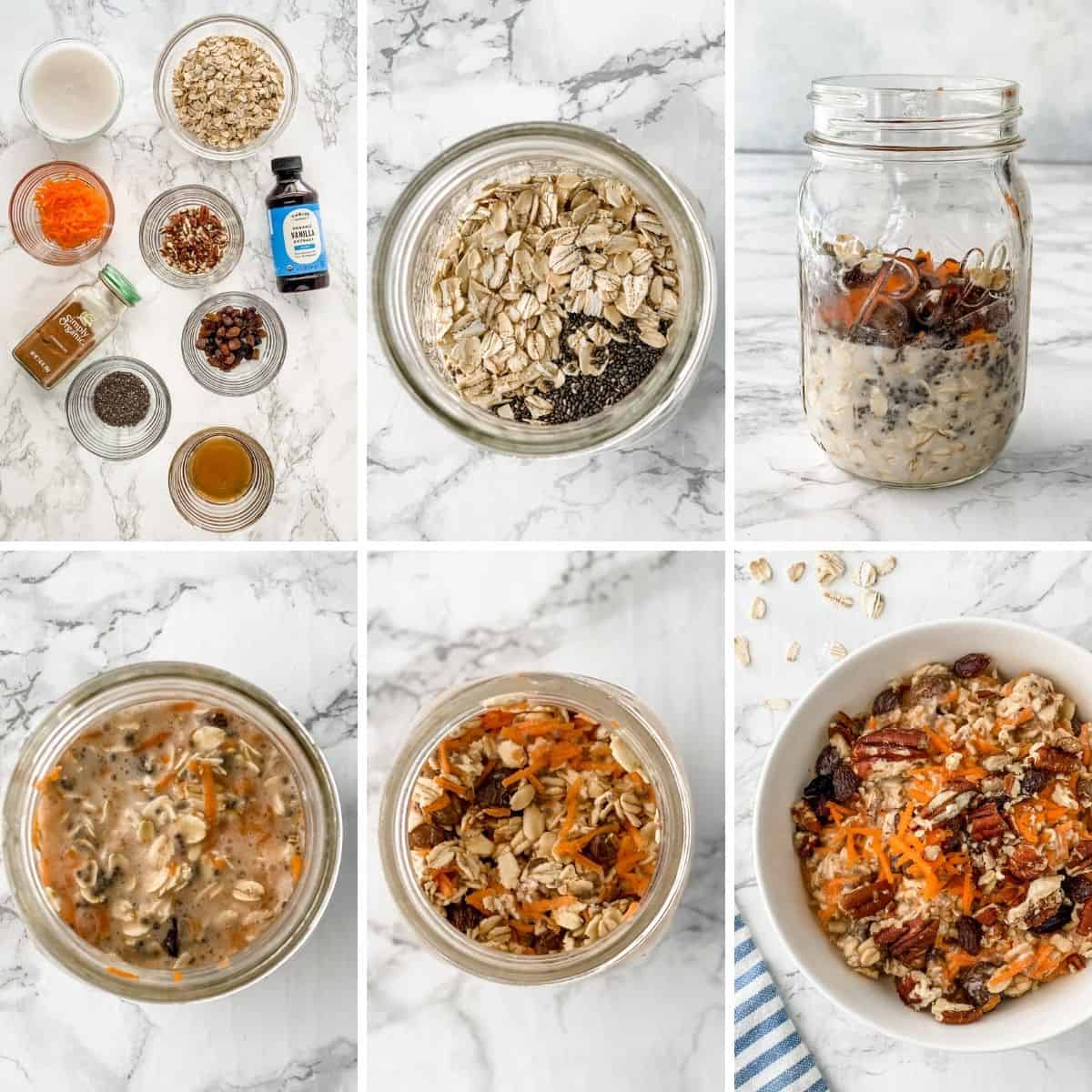 A step-by-step collage showing how to make carrot cake overnight oats.