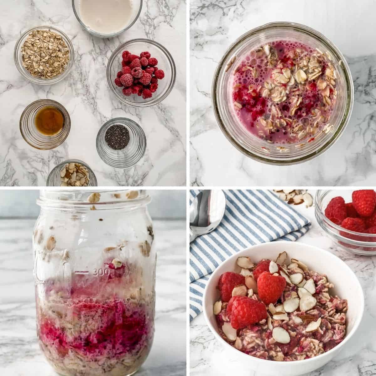 A step-by-step collage showing how to make Raspberry Overnight Oats.
