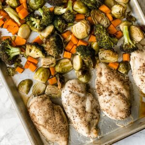 close up picture of one pan chicken and veggies