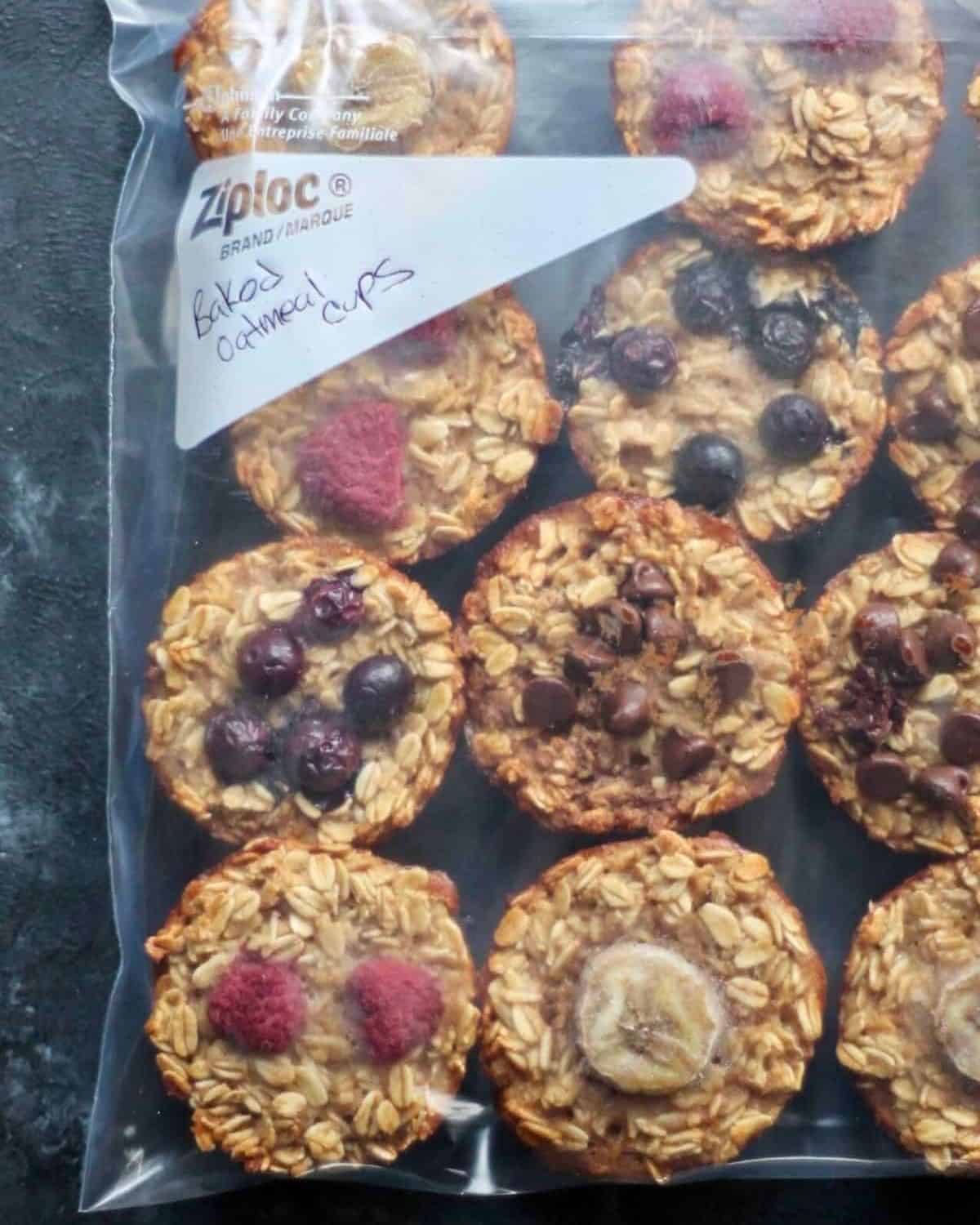 baked oatmeal cups in a freezer bag.