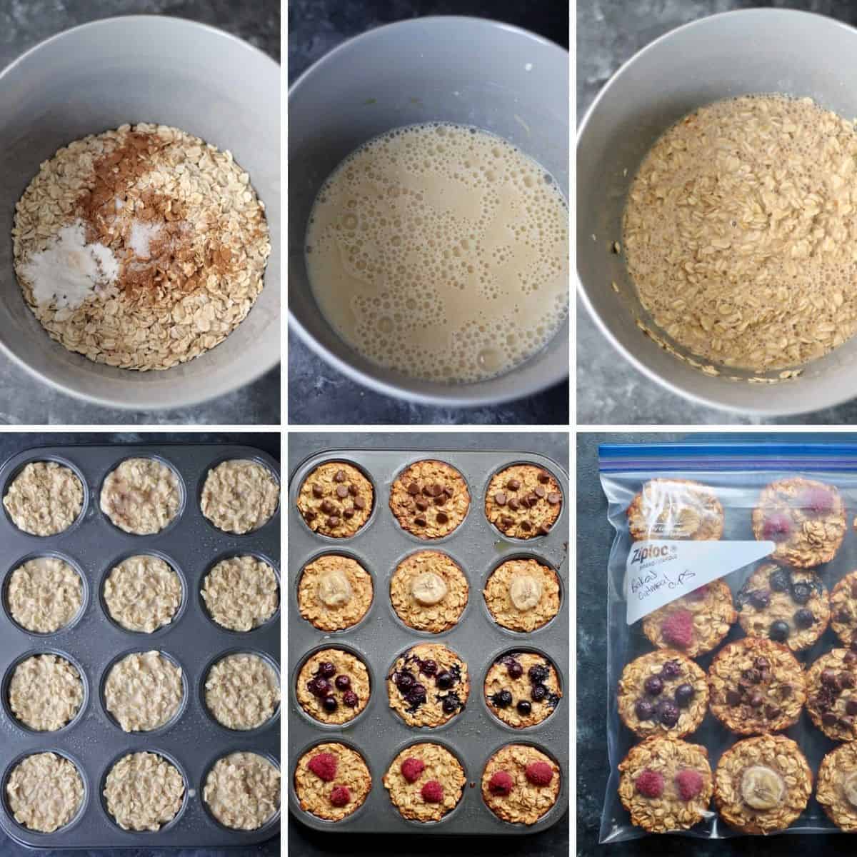 step by step collage showing how to make baked oatmeal cups.