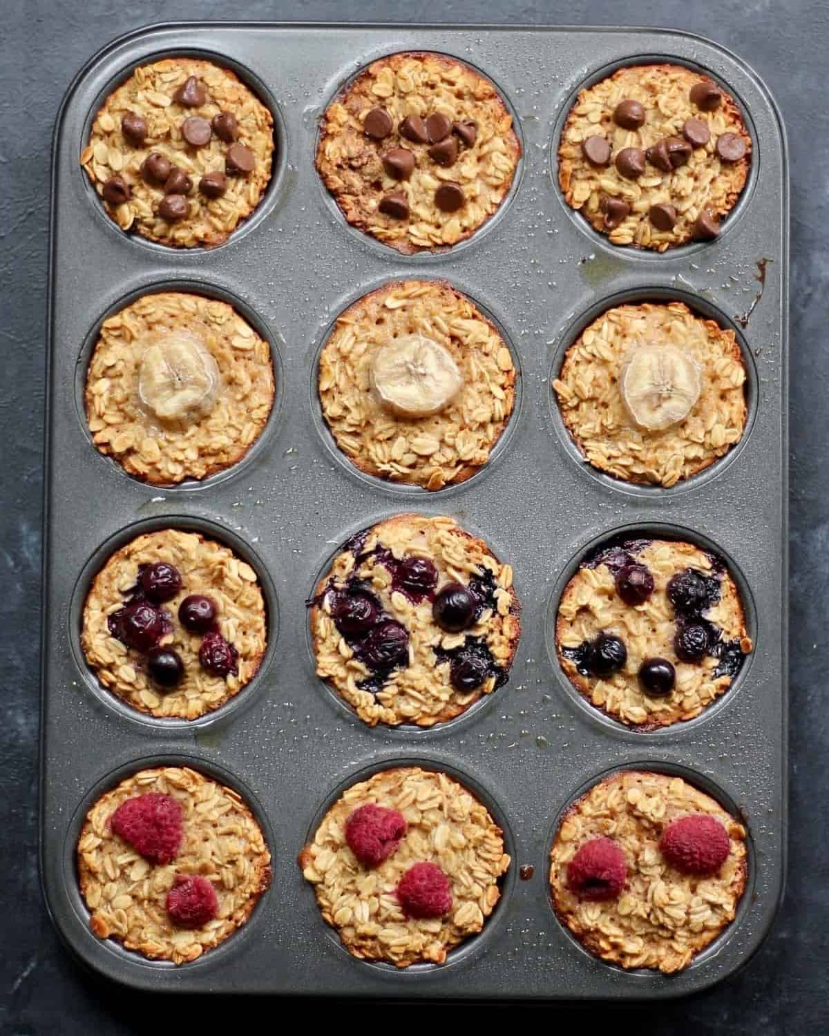 overhead picture of baked oatmeal cups in a muffin pan.