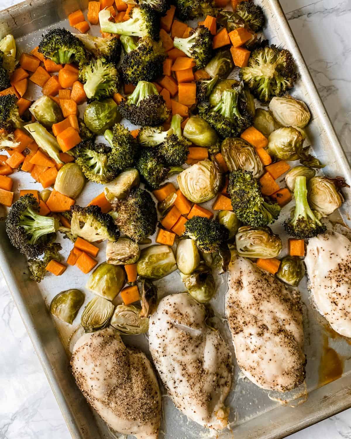 overhead picture of chicken breasts and vegetables on a pan.