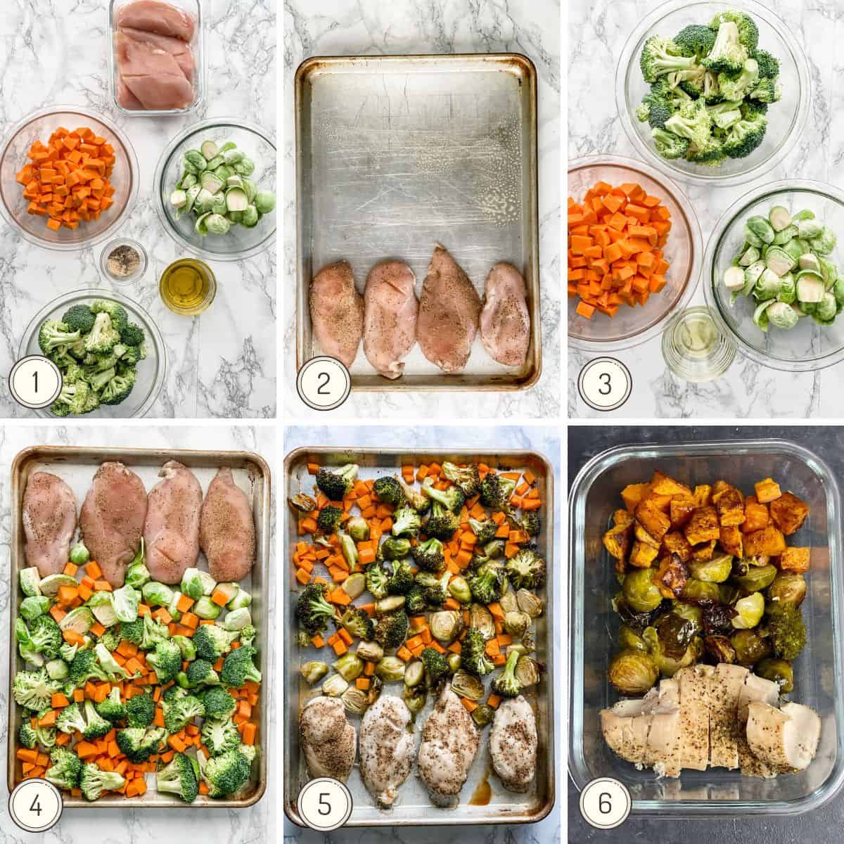 step by step collage showing how to make chicken and veggies on a sheet pan.