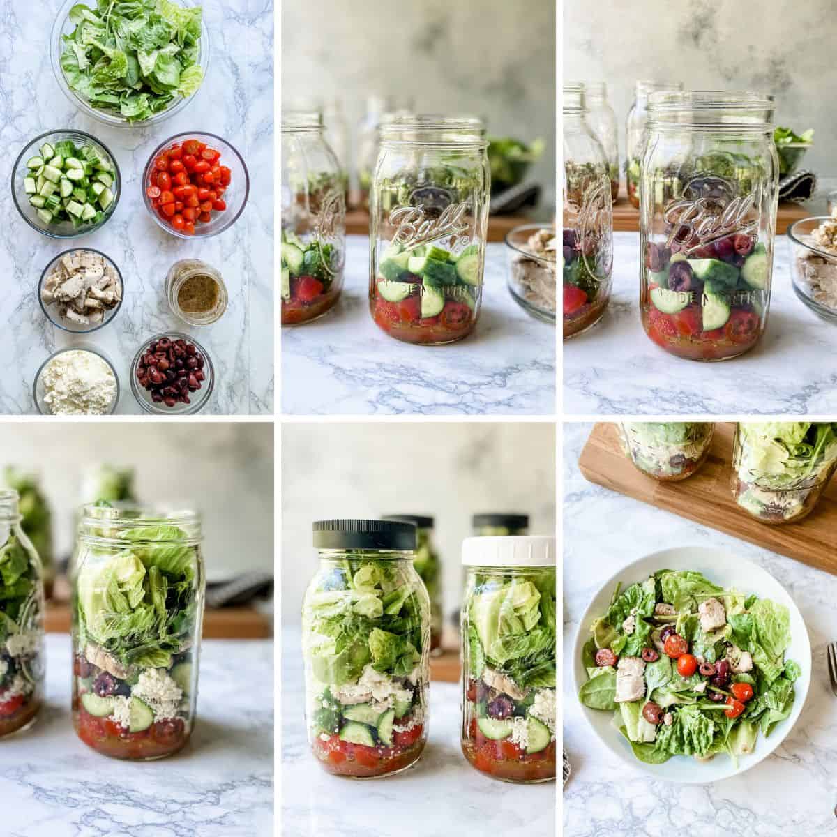 step by step how to make greek chicken salads in a jar