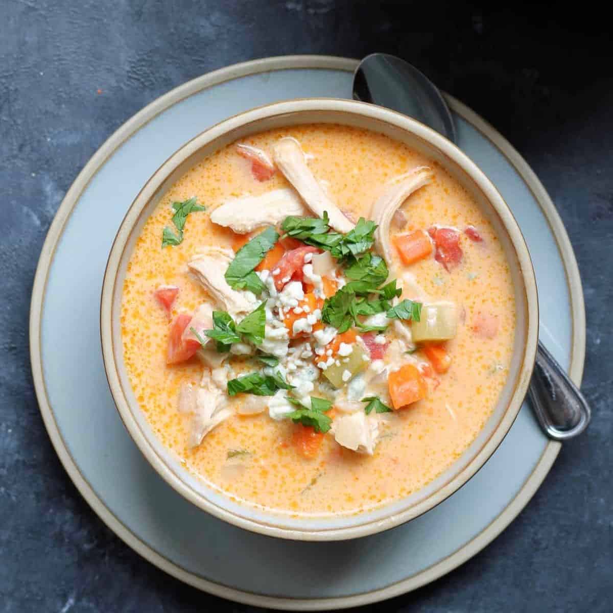 overhead picture of buffalo chicken soup in a bowl.