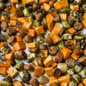 Close up picture of sheet pan sausage and veggies