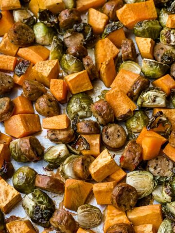 Close up picture of sheet pan sausage and veggies