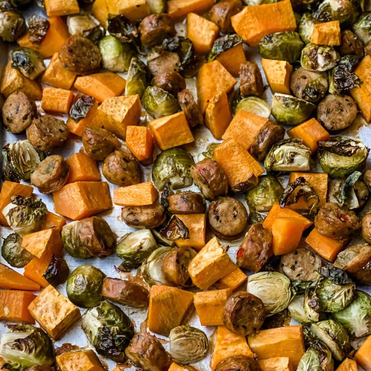 Close up picture of sheet pan sausage and veggies.