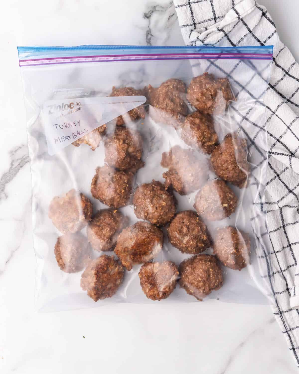 turkey meatballs in a freezer bag.