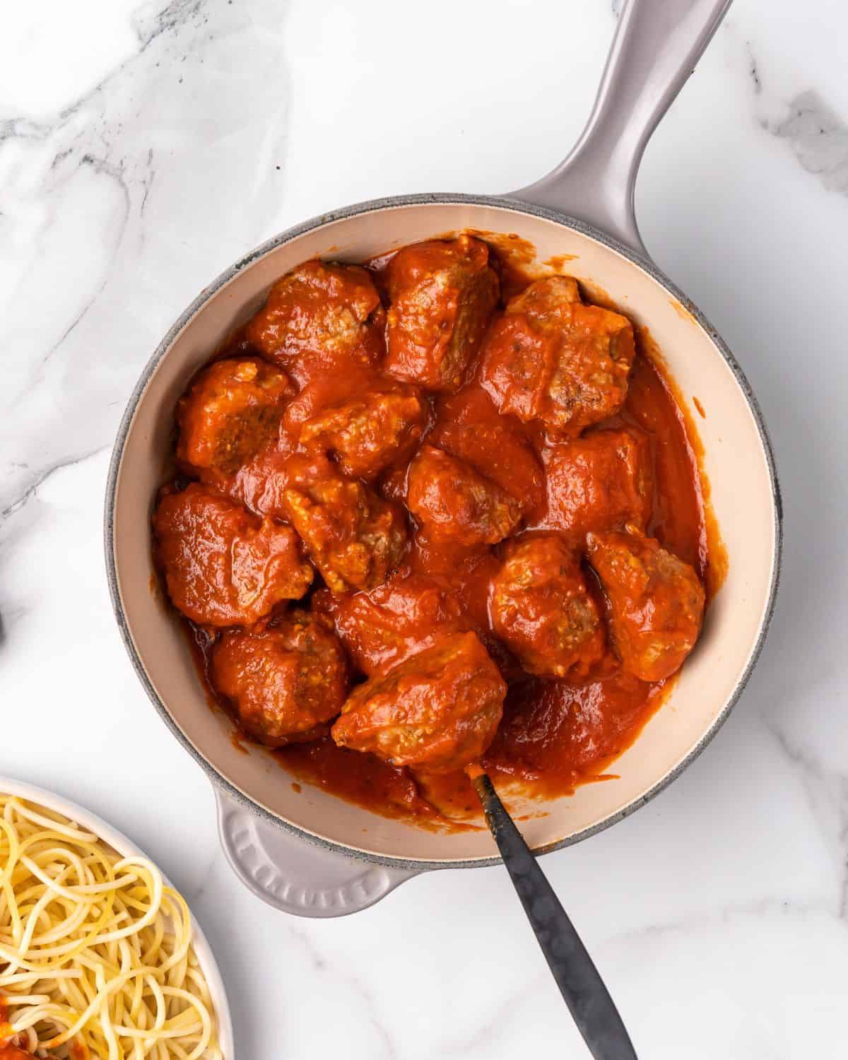 turkey meatball sin a pot with sauce.