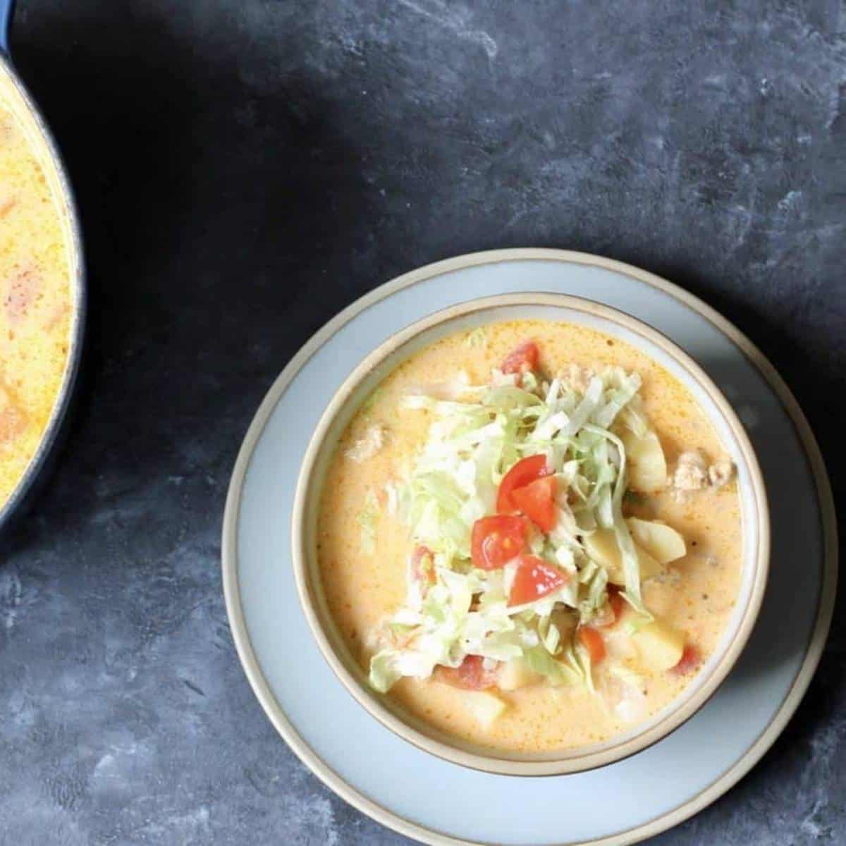 overhead picture of healthy cheeseburger soup.