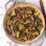 overhead picture of healthy beef and broccoli in a pot