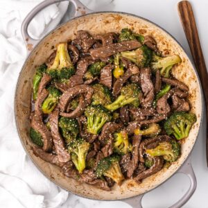 overhead picture of healthy beef and broccoli in a pot