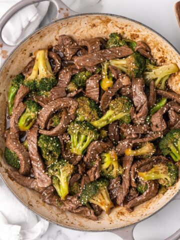 overhead picture of healthy beef and broccoli in a pot