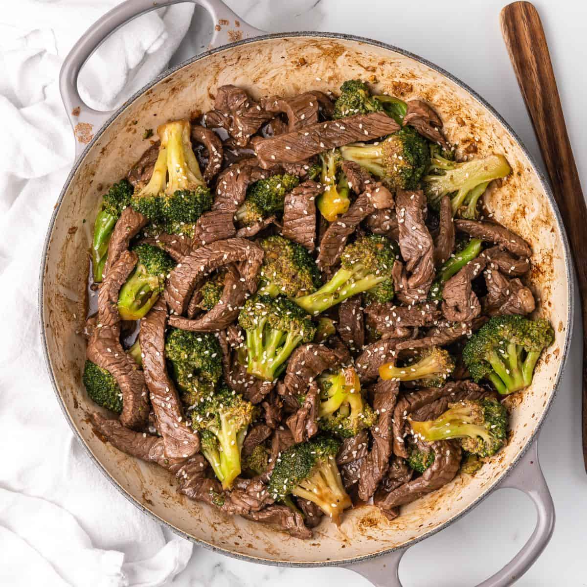 healthy beef and broccoli in a pot.
