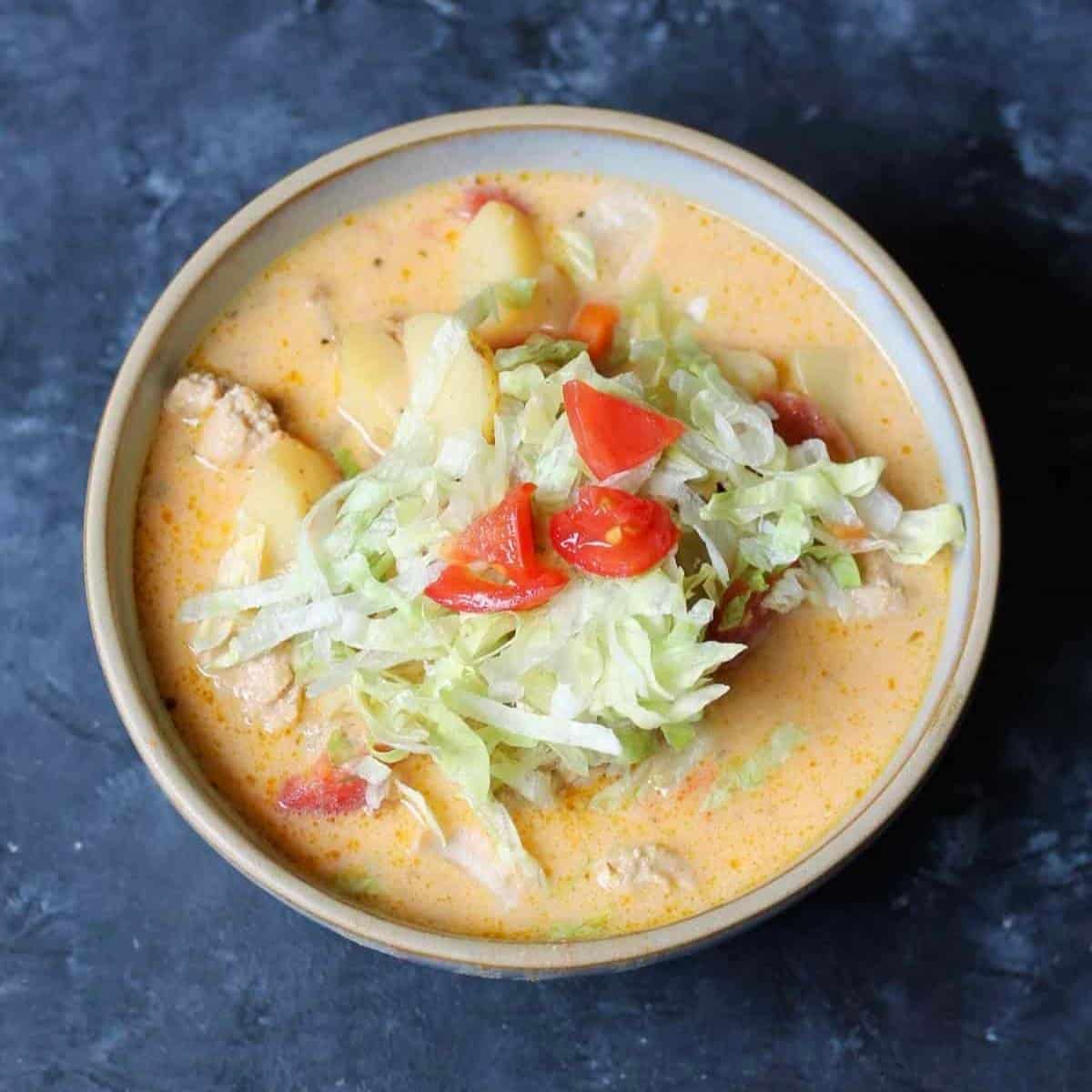 overhead picture of cheeseburger soup.
