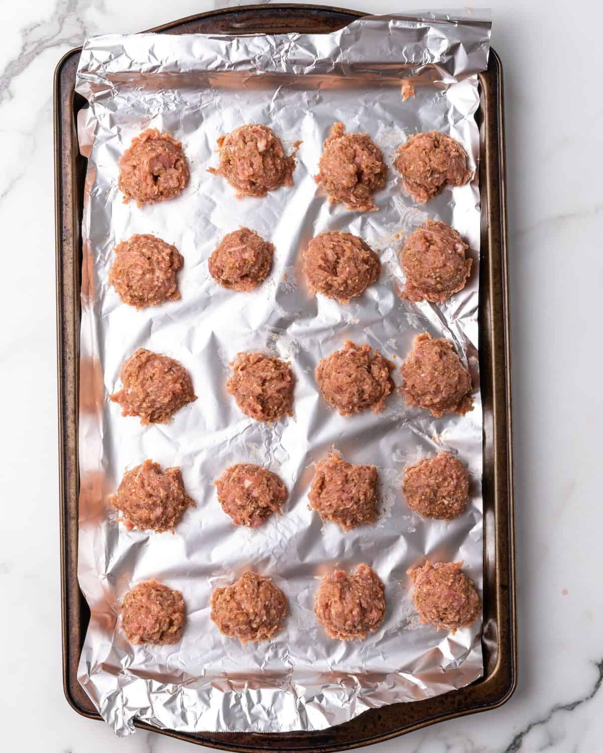 turkey meatballs on a sheet pan.