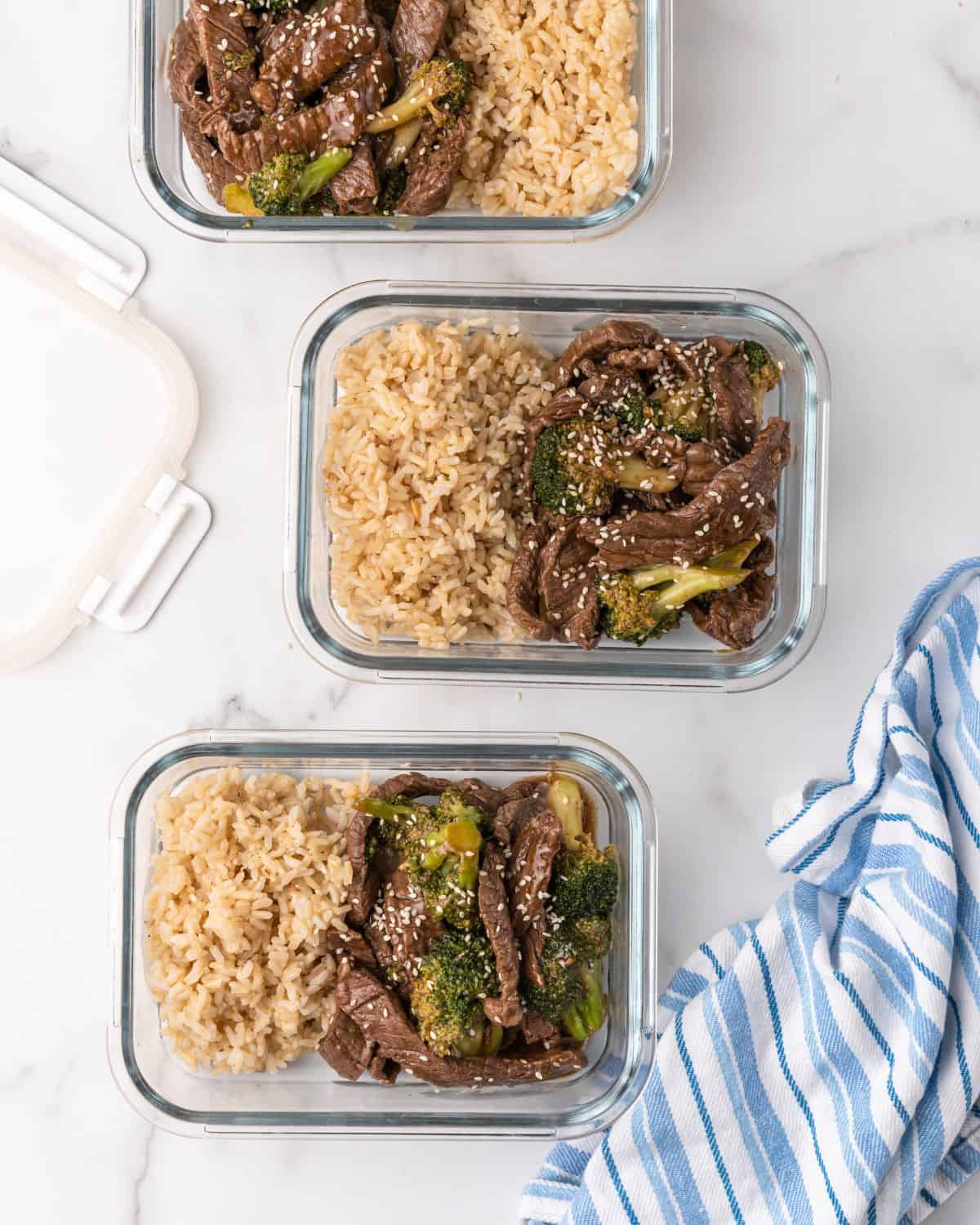 beef and broccoli in meal prep bowl for the week or to freeze.