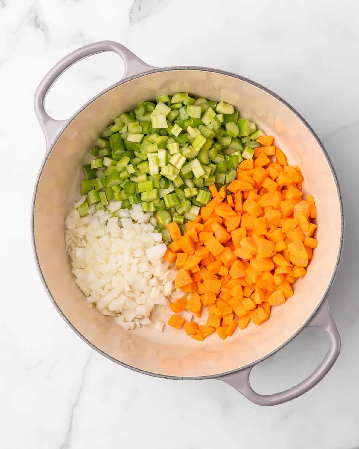 celery carrots and onions in a pot