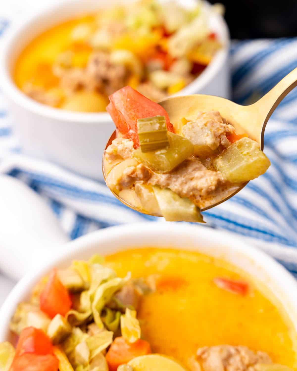 cheeseburger soup in a bowl.