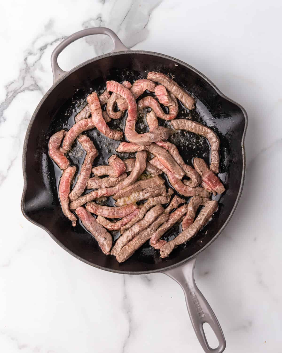 steak strips in a skillet.