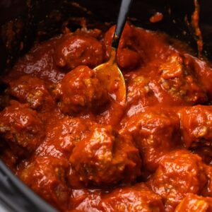 slow cooker meatballs in a crock pot.