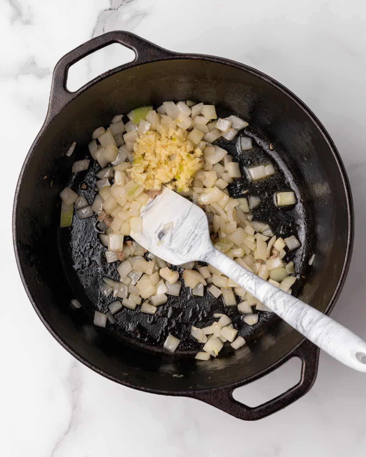 onions and garlic cooked in the soup pot.